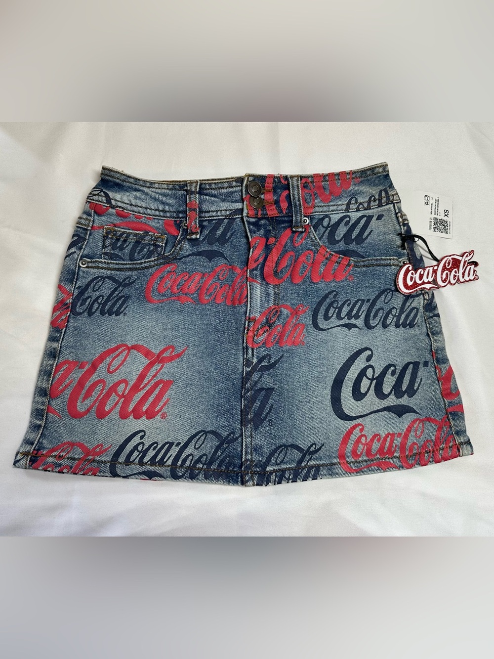 Forever 21 x Coca-Cola Logo Graphic print Denim Mini Skirt Sizes XS or Large NWT